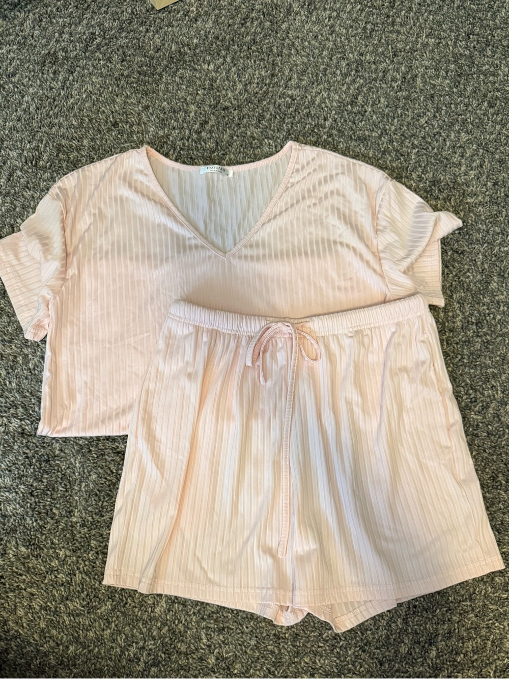 Ribbed V-Neck Pajama Set - Light Pink